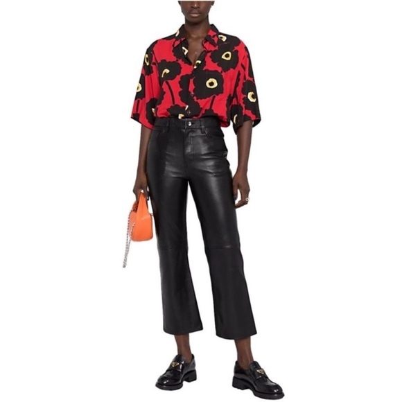 Maje Womens Perry Leather Straight Leg Flared Crop Pants US 0 Black FR 34 -Flaw- - Picture 1 of 16